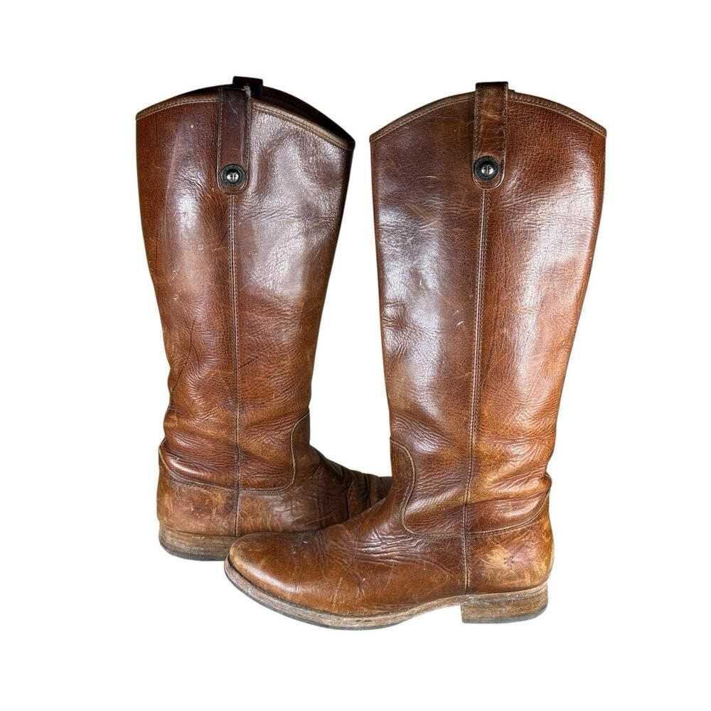 Frye Melissa Button Riding Boots Brown Leather Size 8.5 Distressed Classic